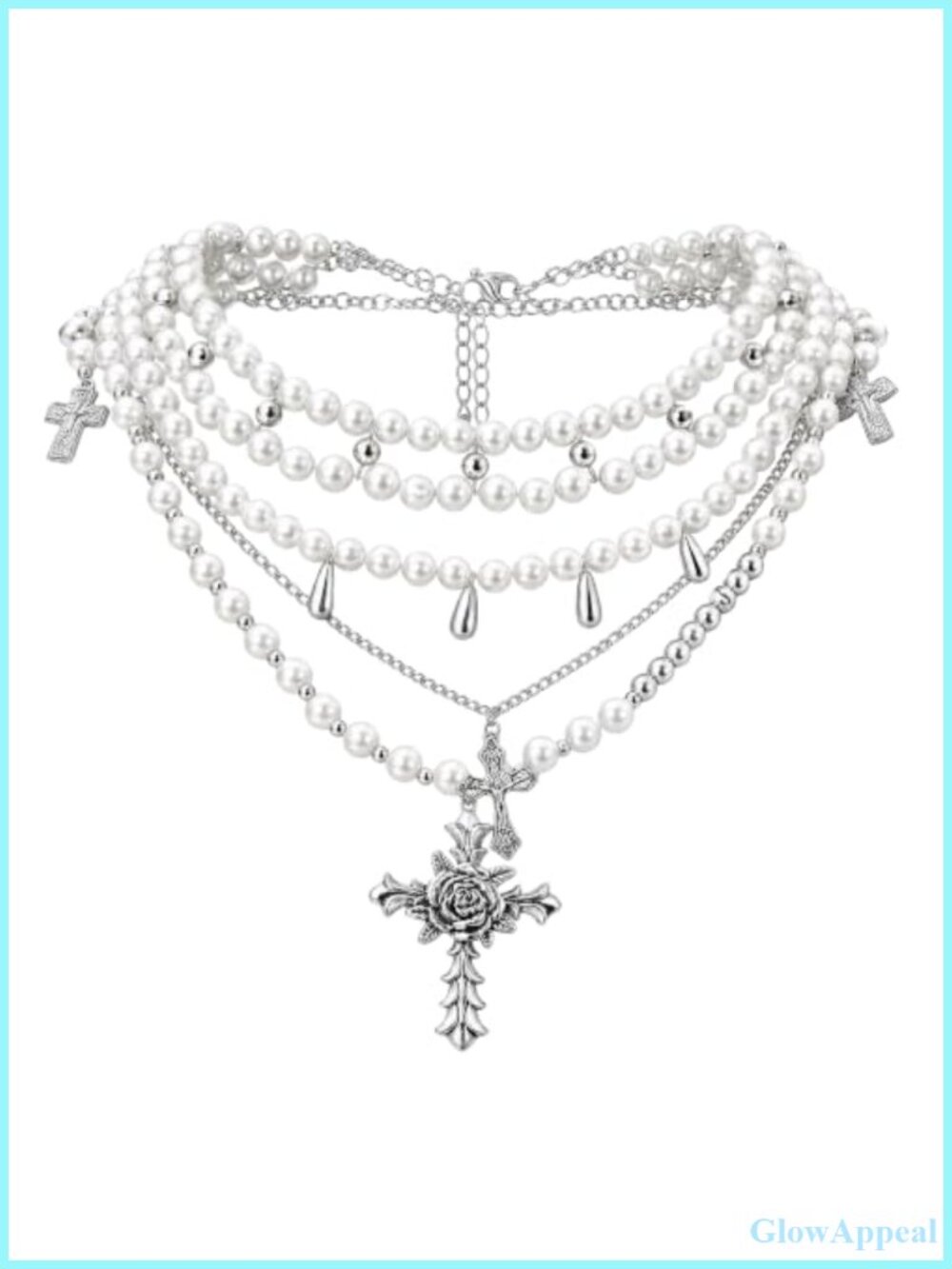 Layered Pearl Cross Necklace Set Adjustable Faux Pearl Silver Tone Stacked